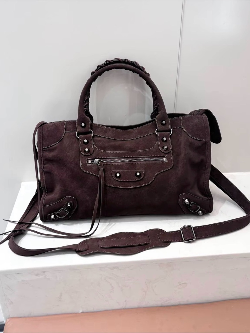 Women's Suede Top-Handle Satchel Bag in Deep Brown